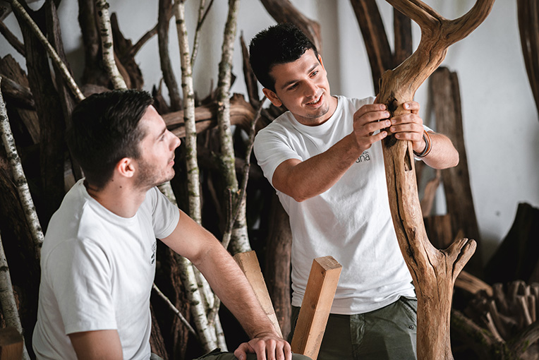Qualitätsprüfung Holz natürliches Fallholz bei der Qualitätsprüfung von zwei Schreinern in der Werkstatt